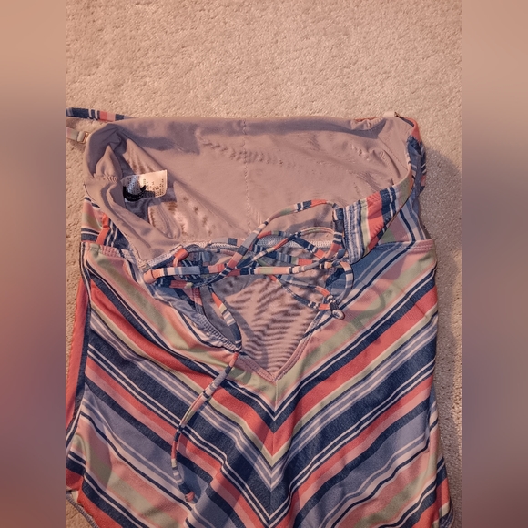 Splendid~Pink & Blue Striped Strapless Criss Cross Tie Back One Piece Swimsuit - Picture 13 of 16